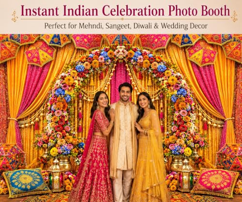Image of India Wedding Backdrop, Traditional Haldi Mehndi Pooja Decorations, Colorful Marigold Floral Bridal Shower Fabric Photography Background wall Decor Props 7x5FT