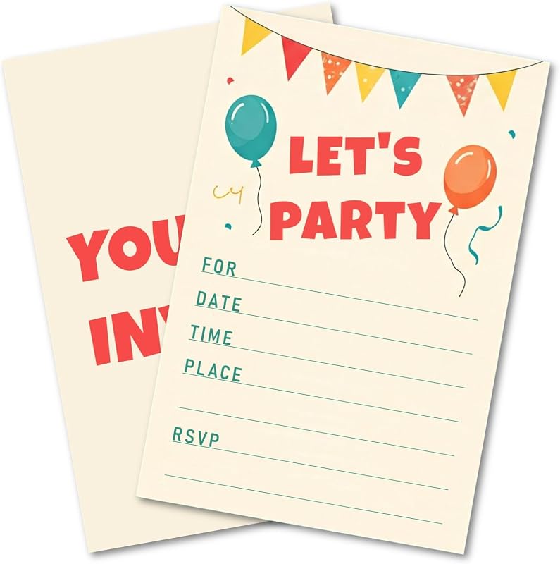 Invitaciones de fiesta para toda ocasión, diseño de banderines con globos | Cumpleaños, boda, compromiso, recepción, despedida de soltera, baby shower, eventos especiales, 25 piezas de 4 x 6 pulgadas (sobres incluidos)