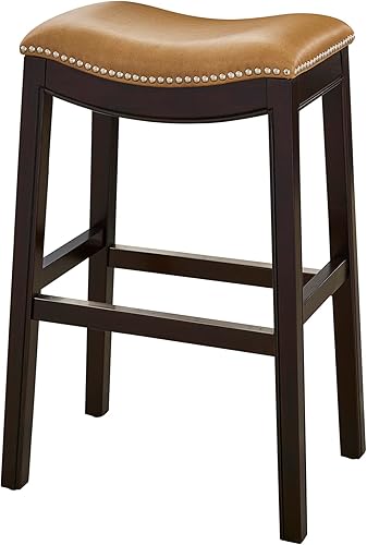 Miniatura 8 de New Ridge Home Goods Julian Taburete de bar de madera sin respaldo de 31 pulgadas, marco espresso con asiento tapizado negro Asiento de piel