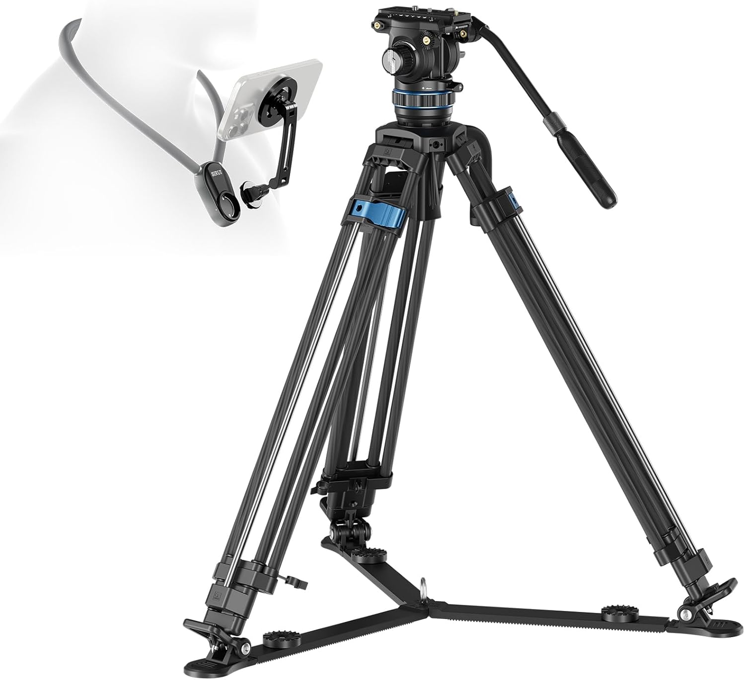 SIRUI Professional Video Tripod, Carbon Fiber Fluid Head, 5kg/11lbs, Stepless +90°/-70° Tilt & 360° Pan, One-Step Height Adjustment, QR Plate for DJI RS Series, Max 70.9in for DSLR Camcorder(SQ75+S5X)