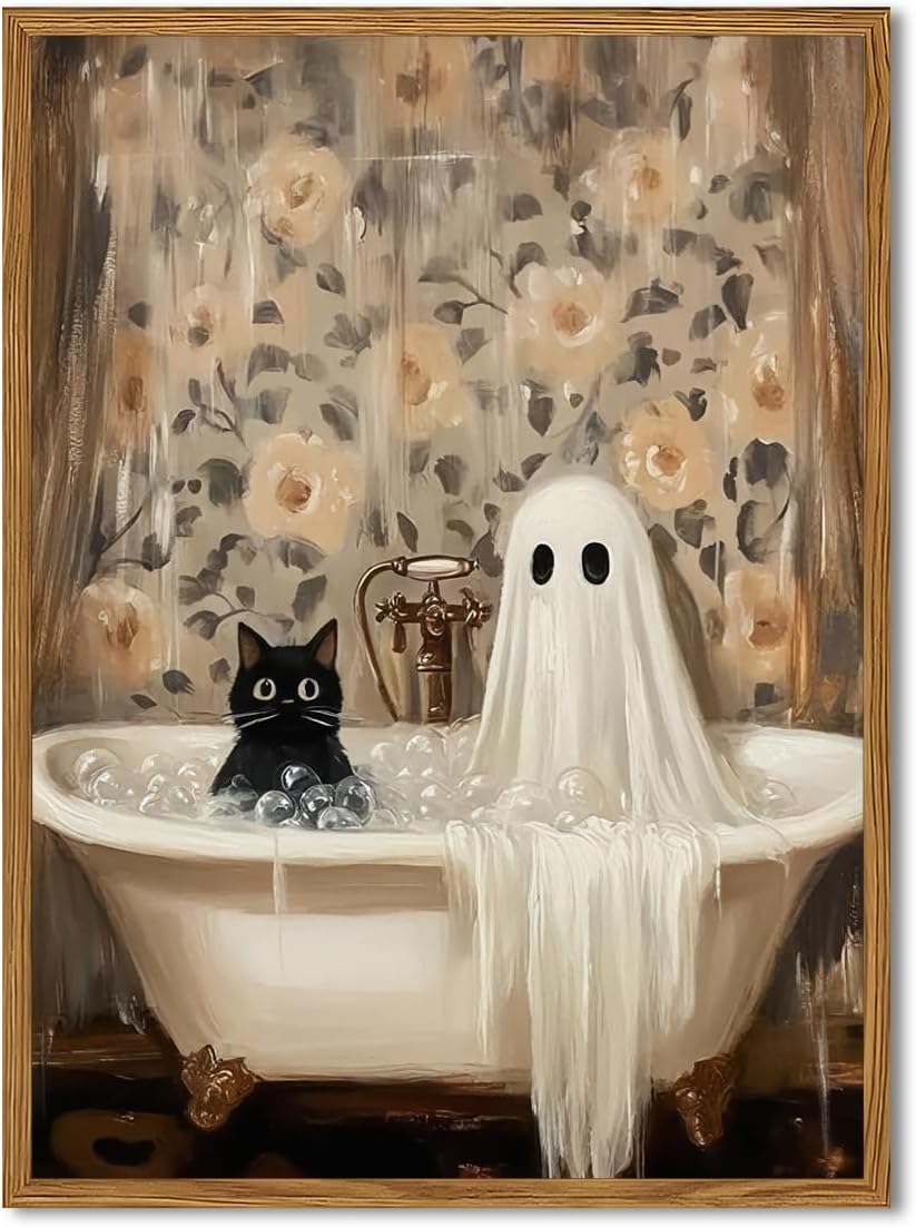 Framed Halloween Ghost Bathroom Canvas Wall Art, Funny Cute Ghost and Black Cat in Bathtub Pictures Wall Decor, Gothic Dark Academia Paintings Prints Spooky Home Decor for Restroom 16x24 inch