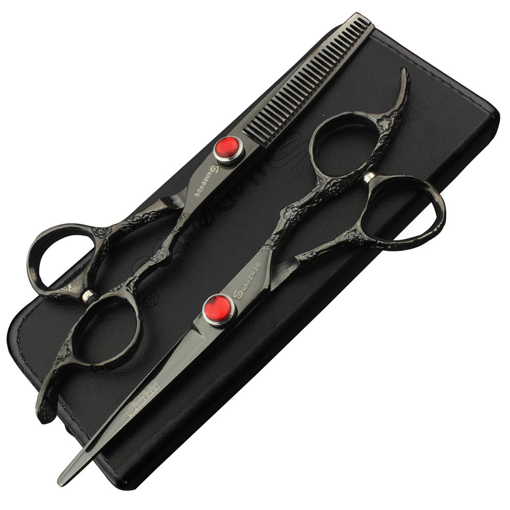 Ciseaux de coiffure professionnels 6 pouces noir mat avec motif rose pour coupe de cheveux