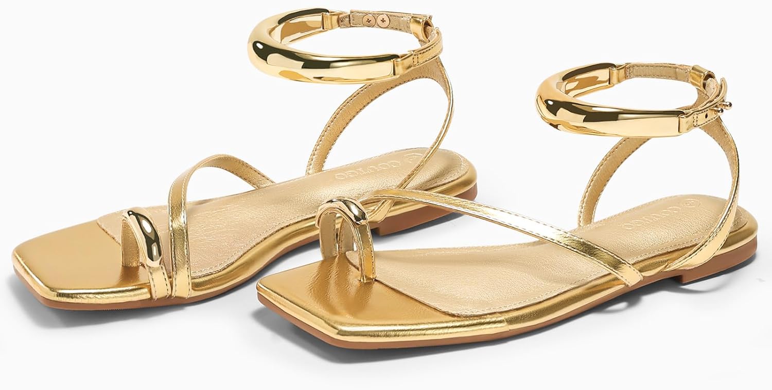 Coutgo Womens Strappy Flat Sandals Flip Flops Open Toe Ring Sandals Metal Ankle Strap Summer Beach Shoes - Image 6