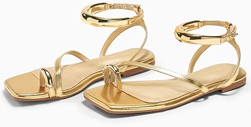 Miniatura 6 de Coutgo Sandalias planas con tiras para mujer, sandalias con anillo de punta abierta, correa de tobillo de metal, zapatos de playa de verano