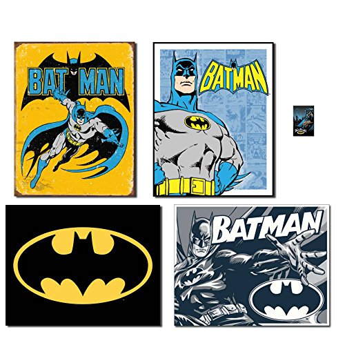 Superhero Batman Tin Sign Bundle - Batman Retro, Batman Retro Panels, Batman Logo, Batman Duotone. Plus Batman Dark Knight Magnet.
