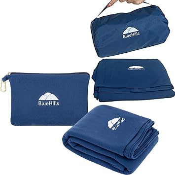 BlueHills Ultra Compact and Compact Light Travel Blankets for Two Value Pack Set of 2 Airplane Travel Essentials Soft Flight Trips Throw in Portable Cases for Car Plane Travel Gifts Navy Blue