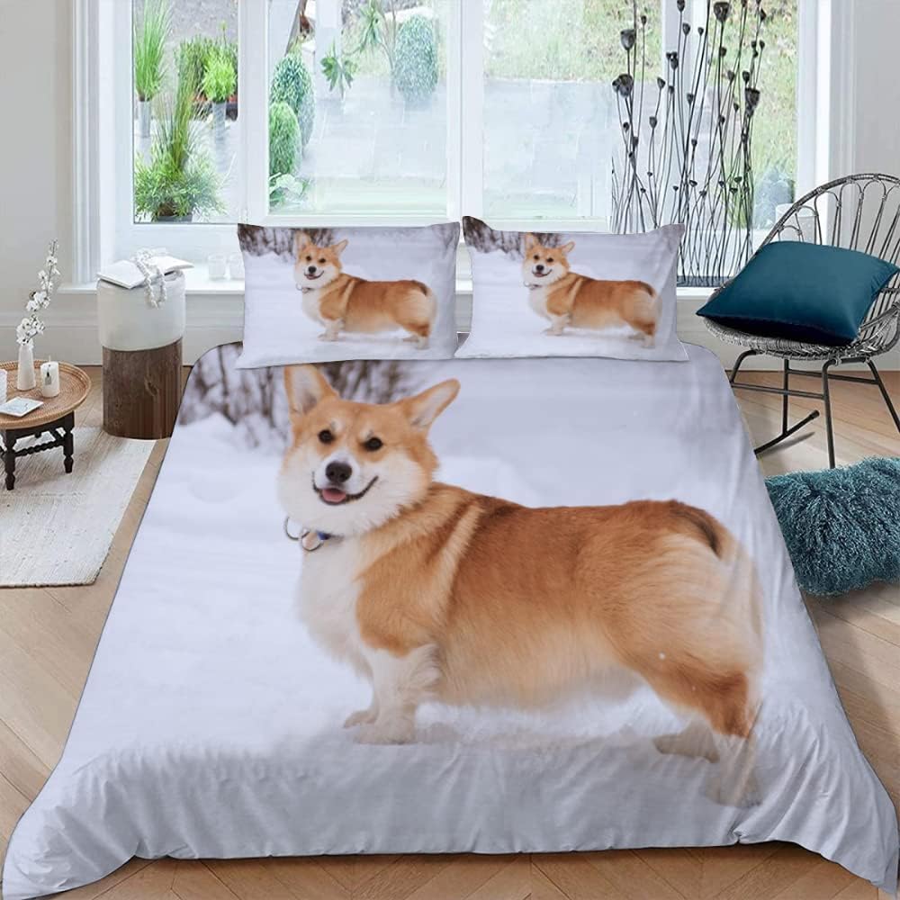 Poszwa na kołdrę 135/150 Corgi Edredon 240x220 Pies Zwierzę domowe 3D Poszewki na kołdrę Miękka mikrofibra 3-częściowa pościel z zamkiem błyskawicznym i 2 poszewkami na poduszki K-678