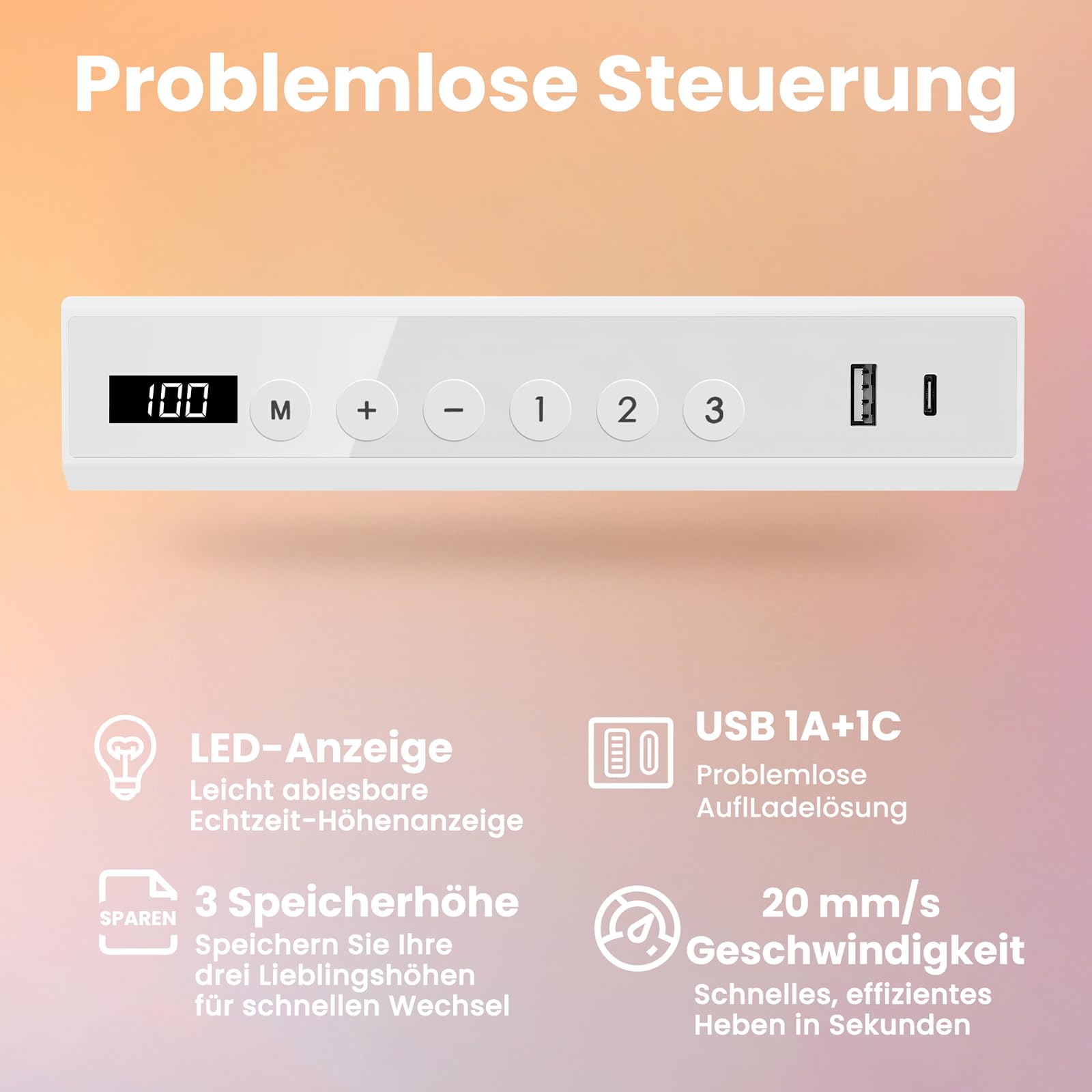 HUANUO 88 x 50 cm Glas Höhenverstellbarer Schreibtisch mit Schublade, Höhenverstellbarer Schreibtisch Ganze Tischplatte, USB-Aufladeanschluss und 3 Memory-Funktion, Weiß