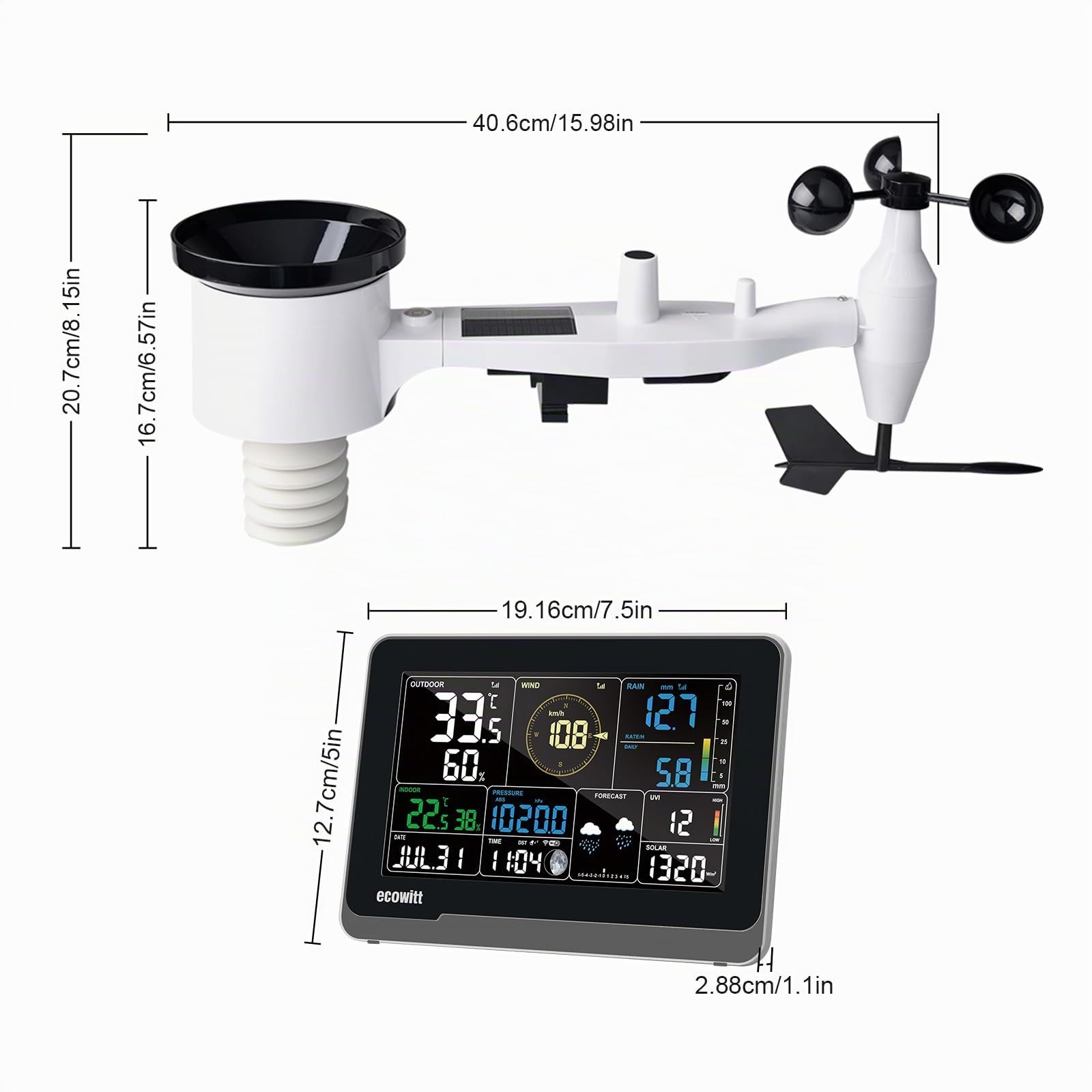 Ecowitt WS3900 Station météo Wi-Fi, 7 en 1 WS69 station météo solaire pour l'extérieur + Console intérieure de 7,5 pouces avec grand écran LCD couleur, Système de surveillance météorologique