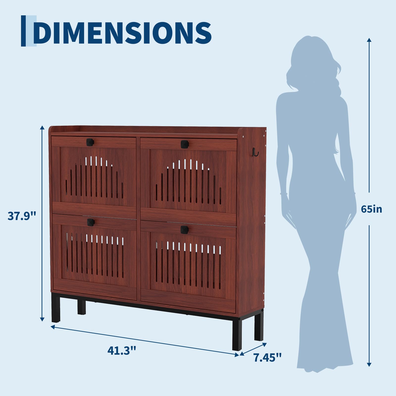 Schmaler Schuhschrank mit 4 Klappfächern - verstellbare Einlegeböden - Kippschutz - belüftete Front - großer Stauraum, freistehend für Flur/Diele - Farbe: Walnut