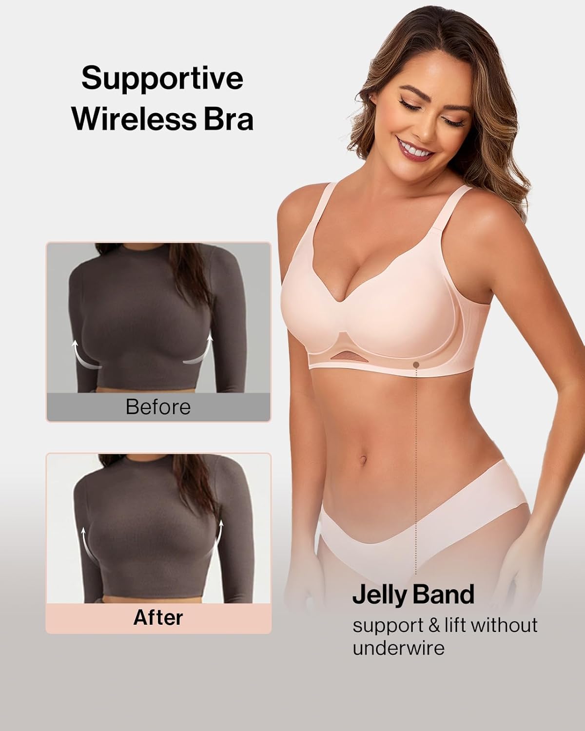 Ubras Womens Wireless Jelly Bra Supportive Lift Scalloped Bra Comfort Push Up Bralette Seamless T-Shirt Bra