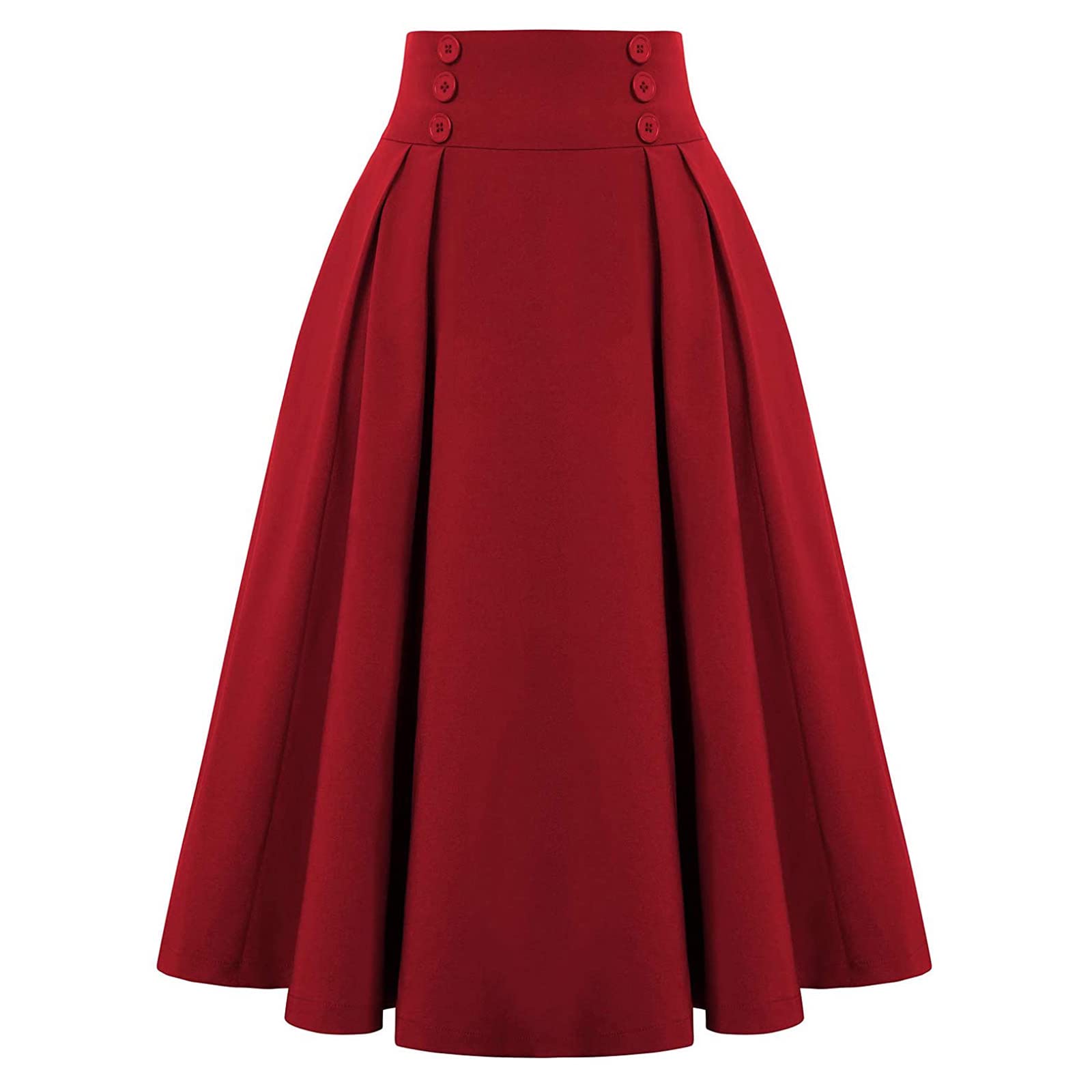 Artykey Women's Red Vintage Elegant Plaid Long Skirt High Waist Elastic Waist A-Line Midi Pleated Skirt Swing Skirt S