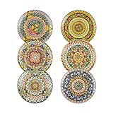 Henten Home Ceramic Dessert Plates Set of 6, 8.5 Inch Porcelain Salad Plate, Colorful Bohemian Style Serving Dishes for Cake, Snack, Appetizer, Decorations, Dishwasher & Microwave Safe