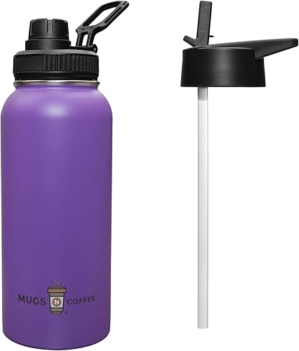 Miniatura 3 de Botella de agua de acero inoxidable de doble pared aislada al vacío de 32 onzas con dos tapas taza con recubrimiento en polvo de 32 onzas negro