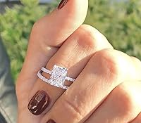 925 Sterling Silver 2PCS Cubic Zirconia Rings Set - Shiny Square Cut Engagement Wedding Bands for Women Size 9