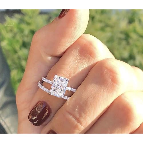 925 Sterling Silver Shiny Full 2Pcs Women Zircon Rings Set Square Cut Cubic Zirconia Engagement Rings Bridal Wedding Bands for Her Size 9