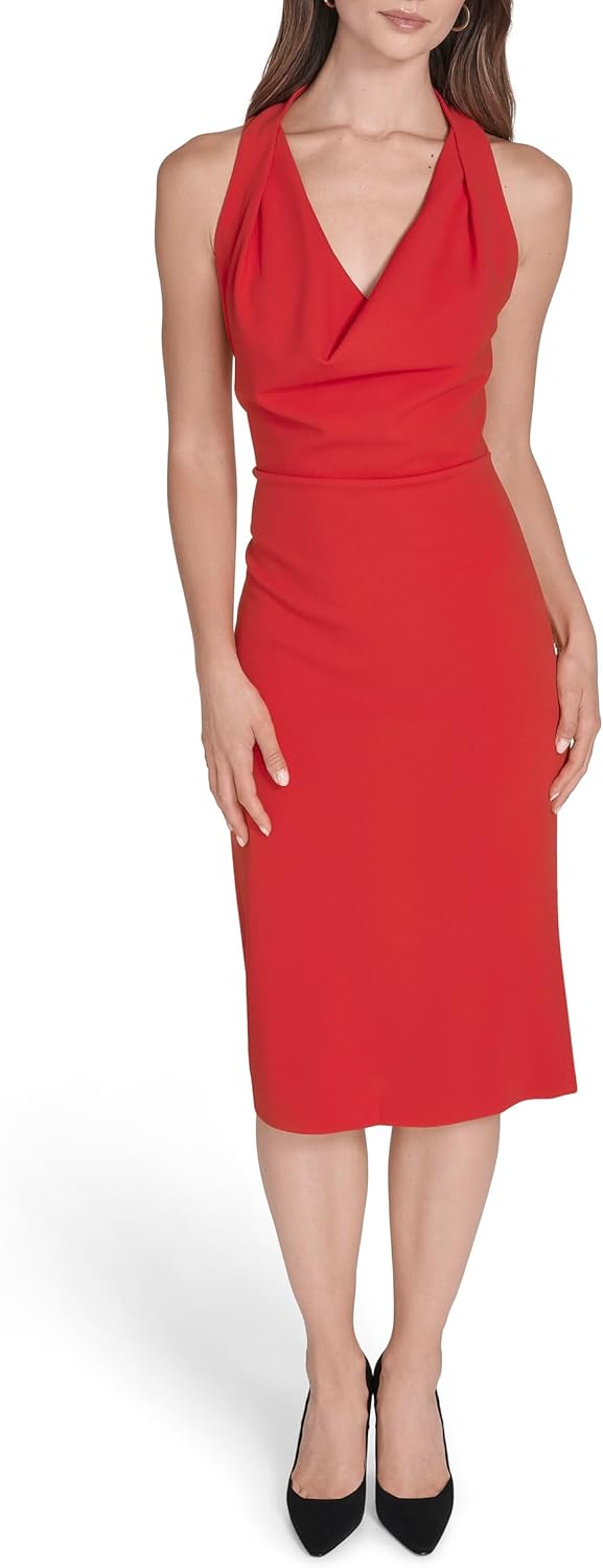 HALSTON Womens Sleeveless Cowel Neck Knee Length Dress