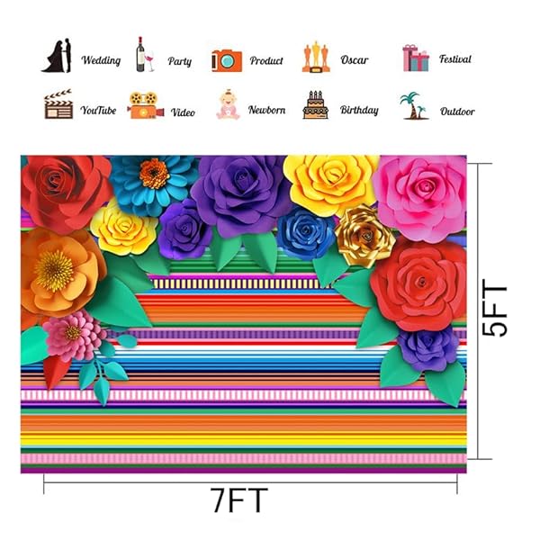 Mexican Theme Party Striped Backdrop Fiesta Cinco De Mayo Paper Flowers Background Party Decoration for Cake Table Decor Photo Booth 7X5FT by CHAIYA - Image 5