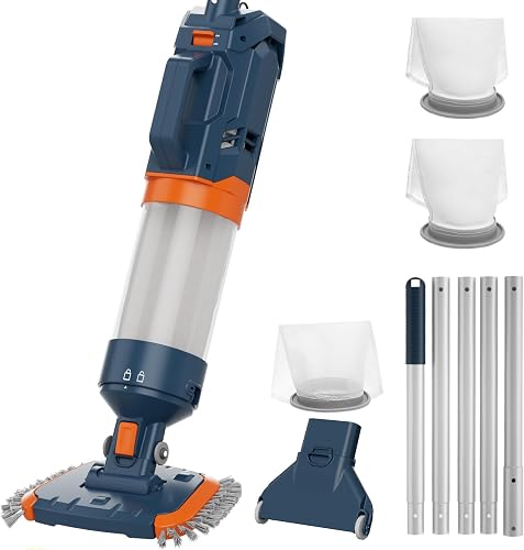 Cordless Pool Vacuum-25 Micron Fluff Ultra Fine Filter, True Powerful Suction 18.9GPM,1H Runtime, Handheld Rechargeable Hot Tub Cleaner with Poles for Above Ground&Inground Pool