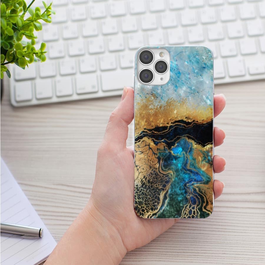 for iPhone 12/12 Pro Case, Slim Soft TPU Full Protective Clear Phone Cover with Art Design, Glitter Sparkle Shiny Pearl Luster Blue Gold Marble - Image 7