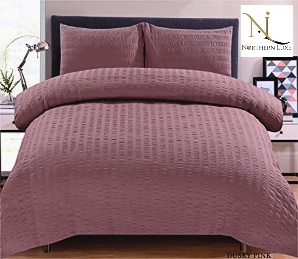 Northern Luxe Dusky Pink Seersucker Duvet Cover Sets Luxury Natural Microfiber Soft Cosy Easy Care Quilt Bedding Set With Pillowcases (Single, )
