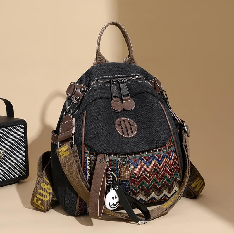 Mochila conversível para mulheres, bolsa de ombro de lona boho com padrão étnico bordado, mochila jeans durável para viagens e uso diário