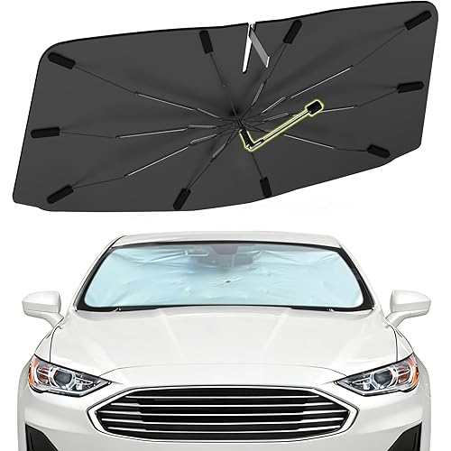 Windshield Sun Shade for Ford Fusion 2013-2021, Custom Fit Foldable Umbrella Sunshade with 360° Rotating Shaft, Front Window Shade for UV & Heat Protection, Easy Storage Car Sun Shield