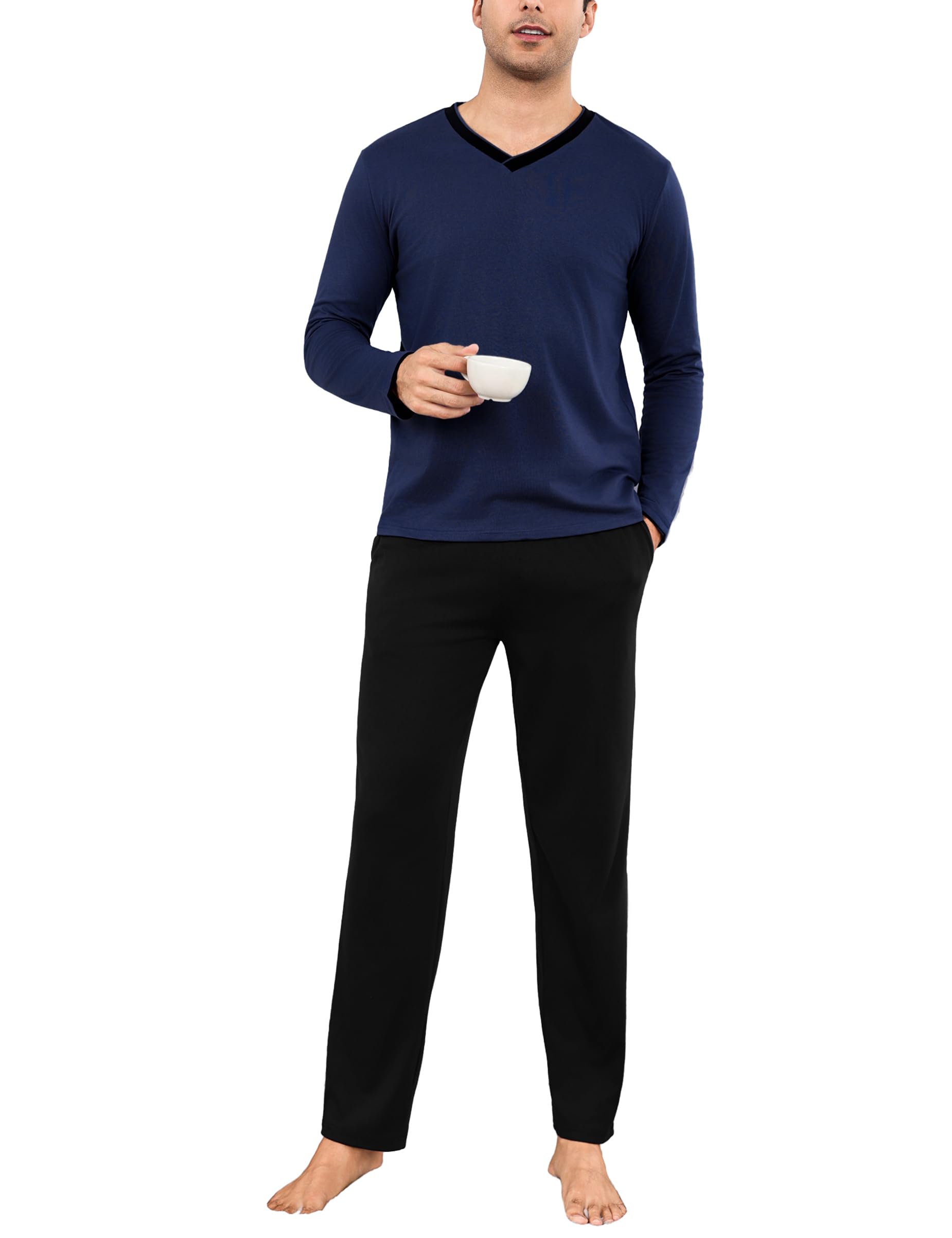 Bresdk Schlafanzug Herren Pyjama Set Lang Baumwolle mit Bündchen Knöpfen Nachtwäsche für Männer