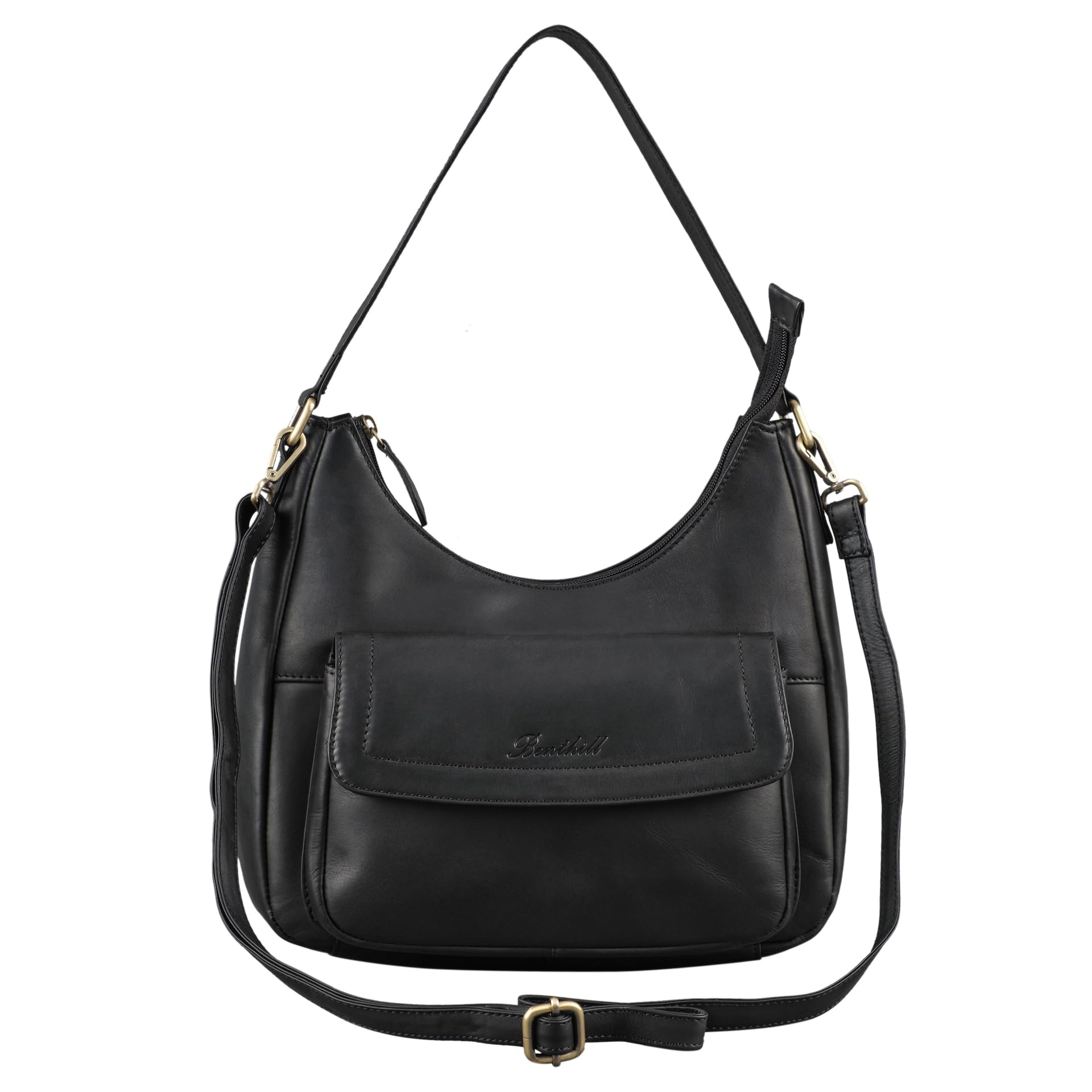 Benthill Handtasche Damen Echt Leder | Schultertasche aus echtem Rindsleder | Umhängetasche mit Reißverschluss | Ledertasche mit Henkel & Umhängegurt, Farbe:Schwarz