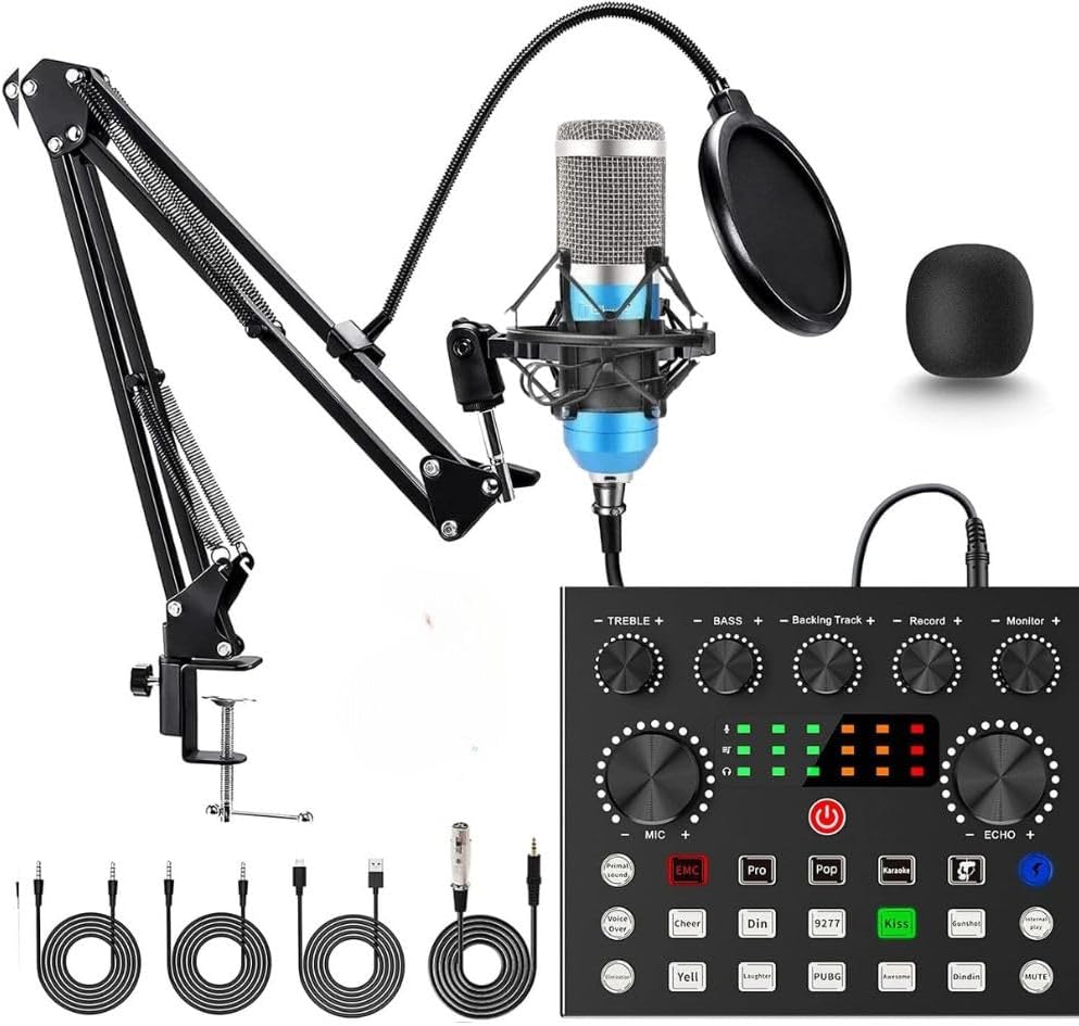 TECHBLAZE Professional Condenser Microphone Kit with Audio Interface Voice Changer DJ Mixer Studio Recording Mike with Amplifier for Live Streaming Podcasting Singing Audio Record (Blue)