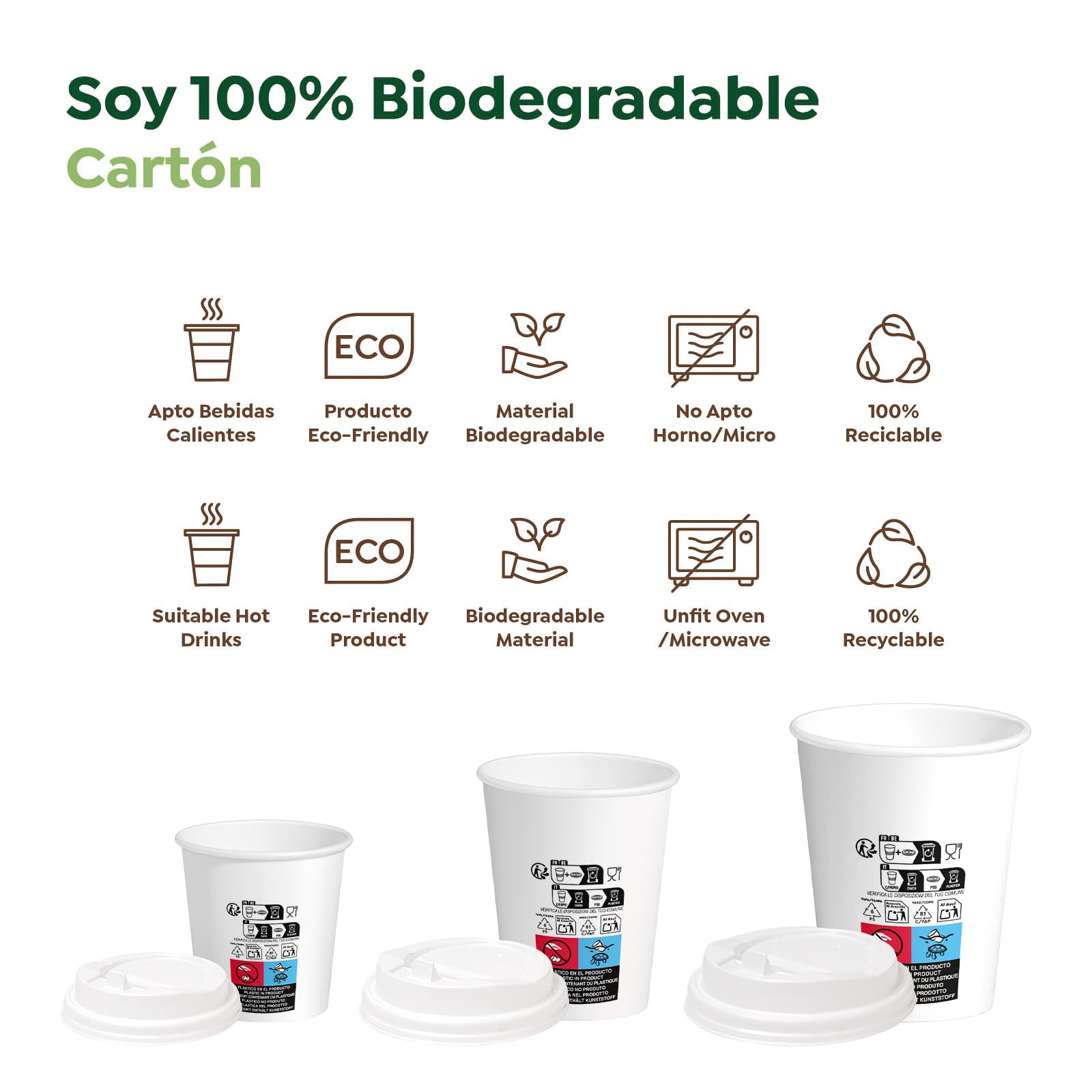 500 Vasos Cartón Blanco + Tapa Blanca - 250 cc (8 oz) - Vasos Desechables para Café para Llevar - Reciclables - Apto Alimentos Calientes - TAKE AWAY