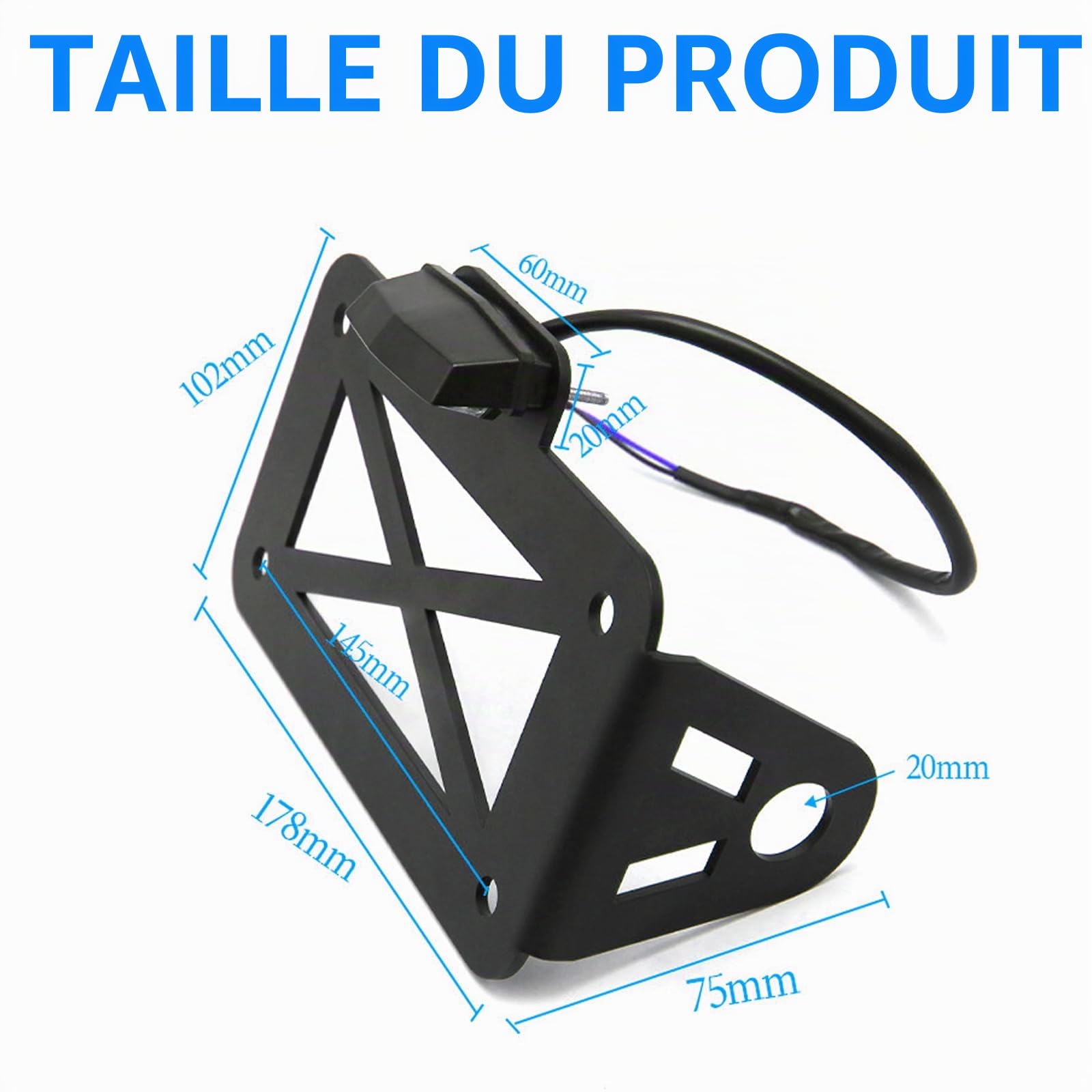 Support De Plaque Moto, Universel Support Plaque avec éClairage Supports De Plaque D'Immatriculation LatéRal MéTal pour La Plupart des Motos Sportives Motos Cruisers Etc 17,8x12x7,5 Cm Noir