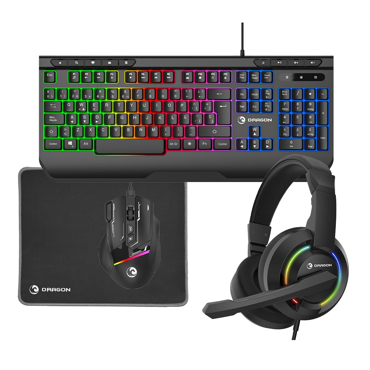 PRIXTON Kit Gaming Dragon con Teclado, Ratón, Auriculares y Alfombrilla, Accesorios Gamer, Retroiluminación RGB, Teclado español, Cascos música, Anti-Ghosting, para Windows/Mac/PC/Ordenador Portátil
