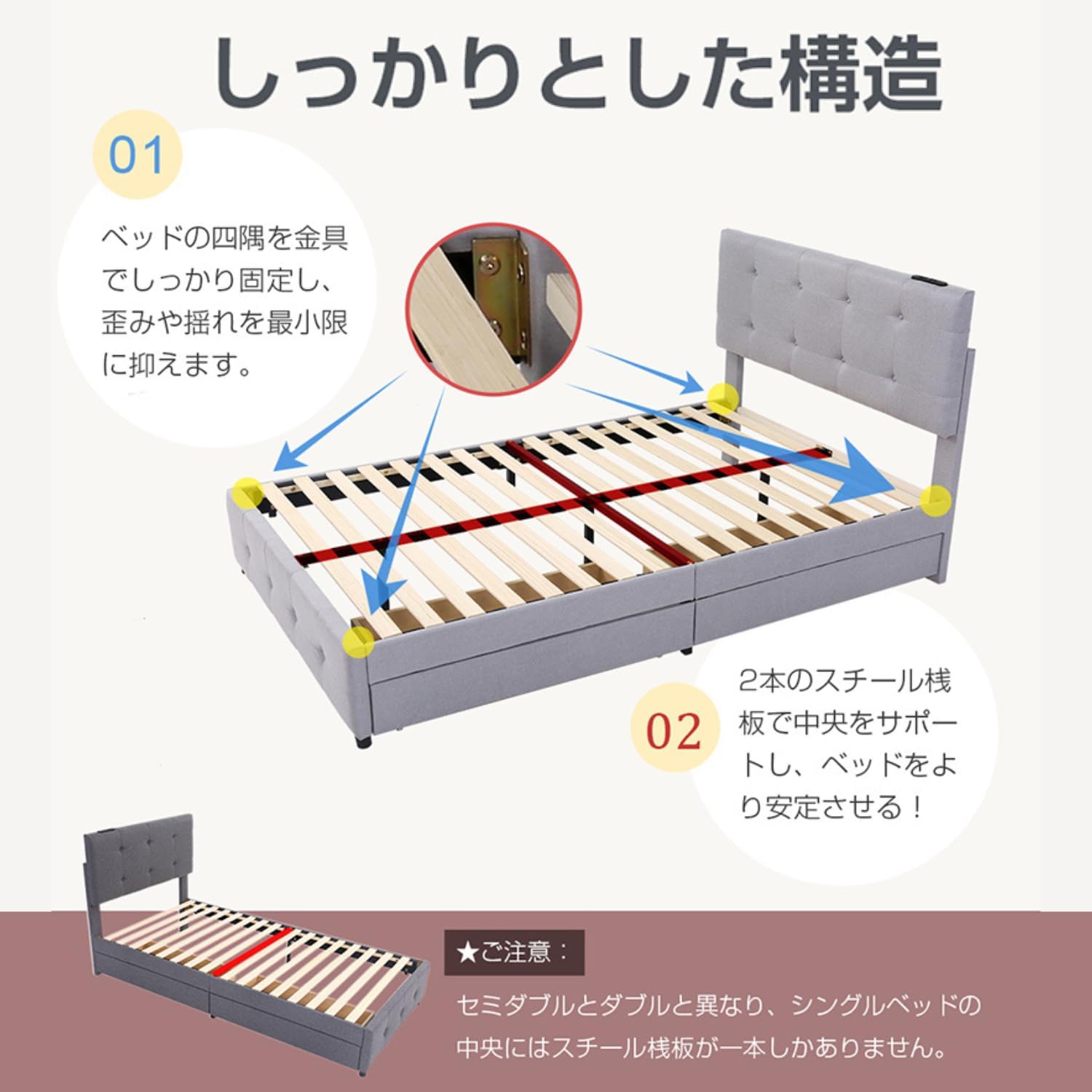 ベッドフレーム シングル 2口コンセント USB充電付き スチールベッド