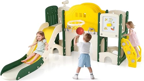 Costzon Juego de toboganes 10 en 1 para niños pequeños, tobogán y escalador con pizarra blanca magnética, lanzamiento de anillo, aro de baloncesto,