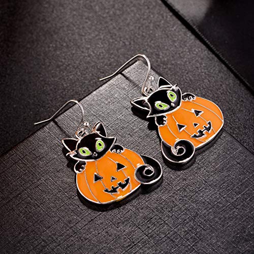 Lux Accessories Halloween Orange Pumpkin Black Kitty Cat Silvertone Dangle Earrings2