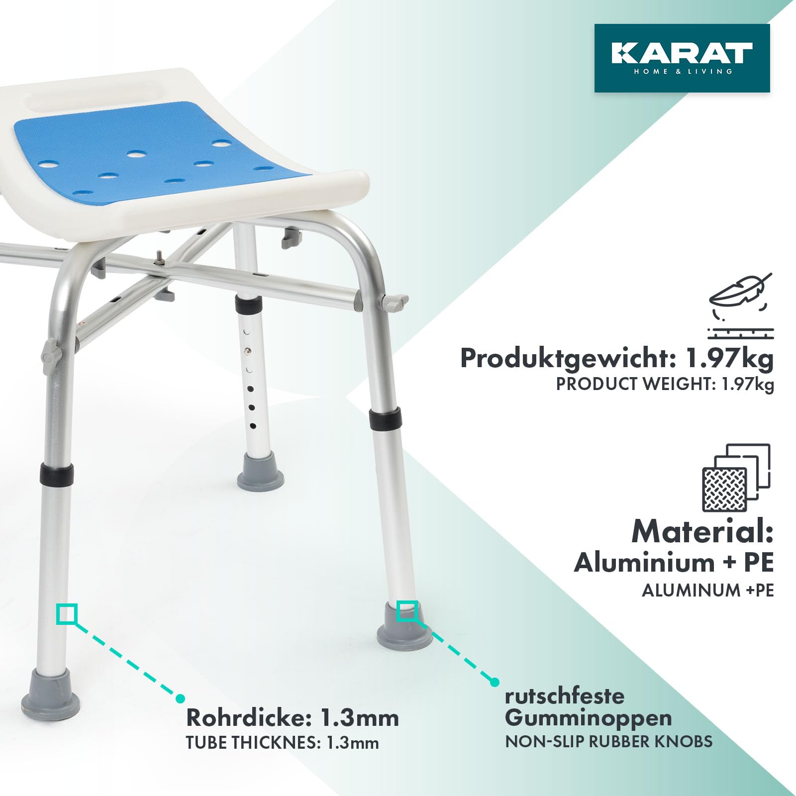KARAT Taburete de Ducha - Altura Regulable 38-53 cm - Soporta Hasta 136 kg - Asiento de Ducha Antideslizante y Estable - Taburete de Bañera Con Patas de Goma Antideslizantes