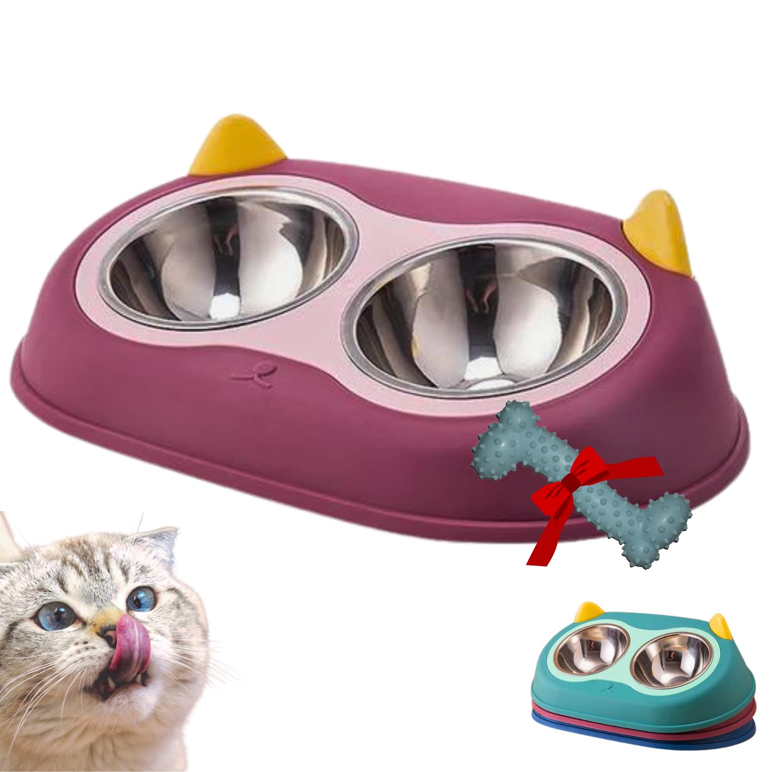 Comedero Gato Elevado 15º inclinación - Comedero Perro pequeño y Mediano con Base Antideslizante - Cuencos para Perros - Comedero y Bebedero Gatos - Tazón Doble Comida y Agua Mascotas (Rosa)