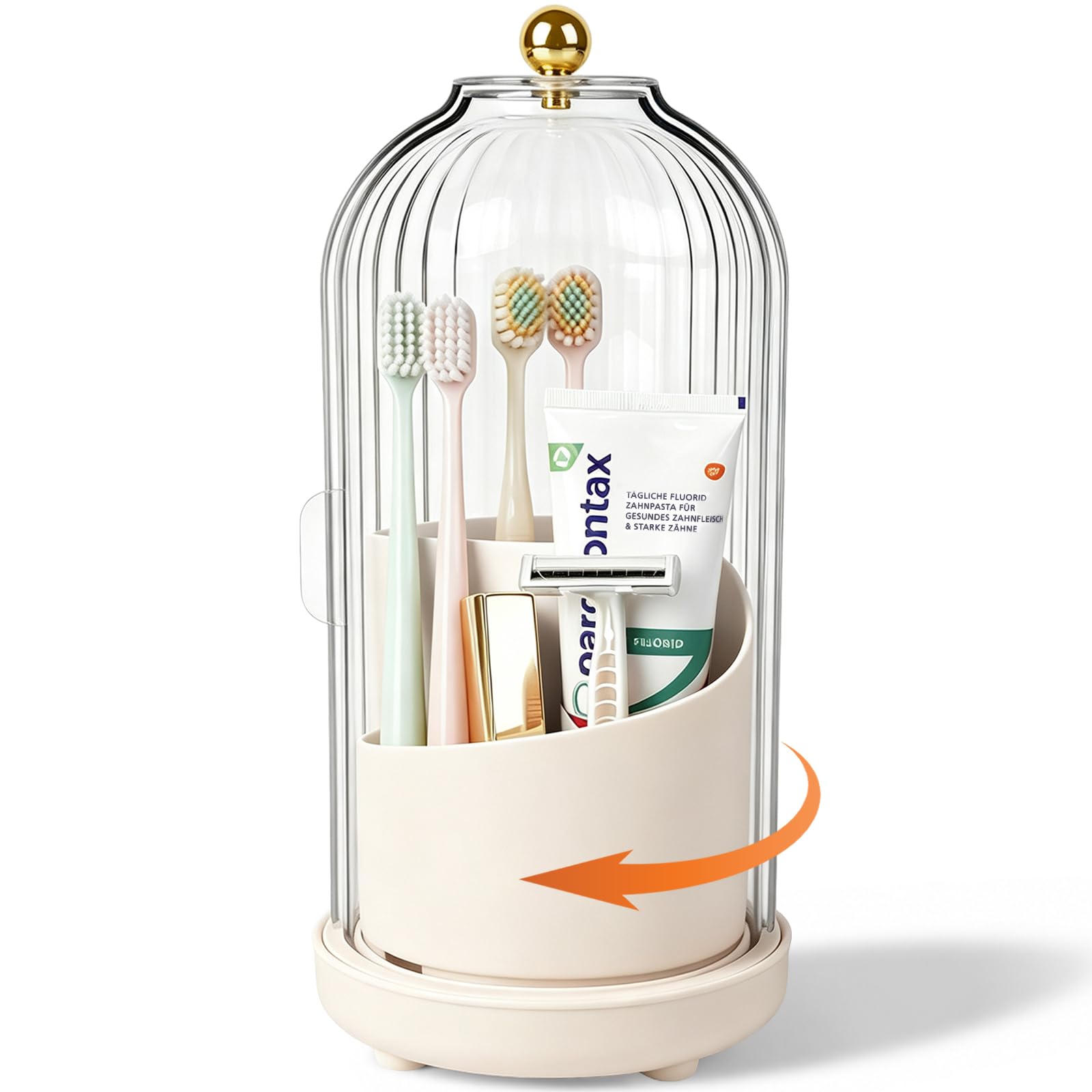 Drehbarer Zahnbürstenhalter mit Abdeckung, staubdichter Zahnbürstenhalter mit Schiebedeckel, elektrische Zahnbürste und Zahnpasta-Organizer für Badezimmer, Make-up-Pinselhalter für Schminktisch, Beige