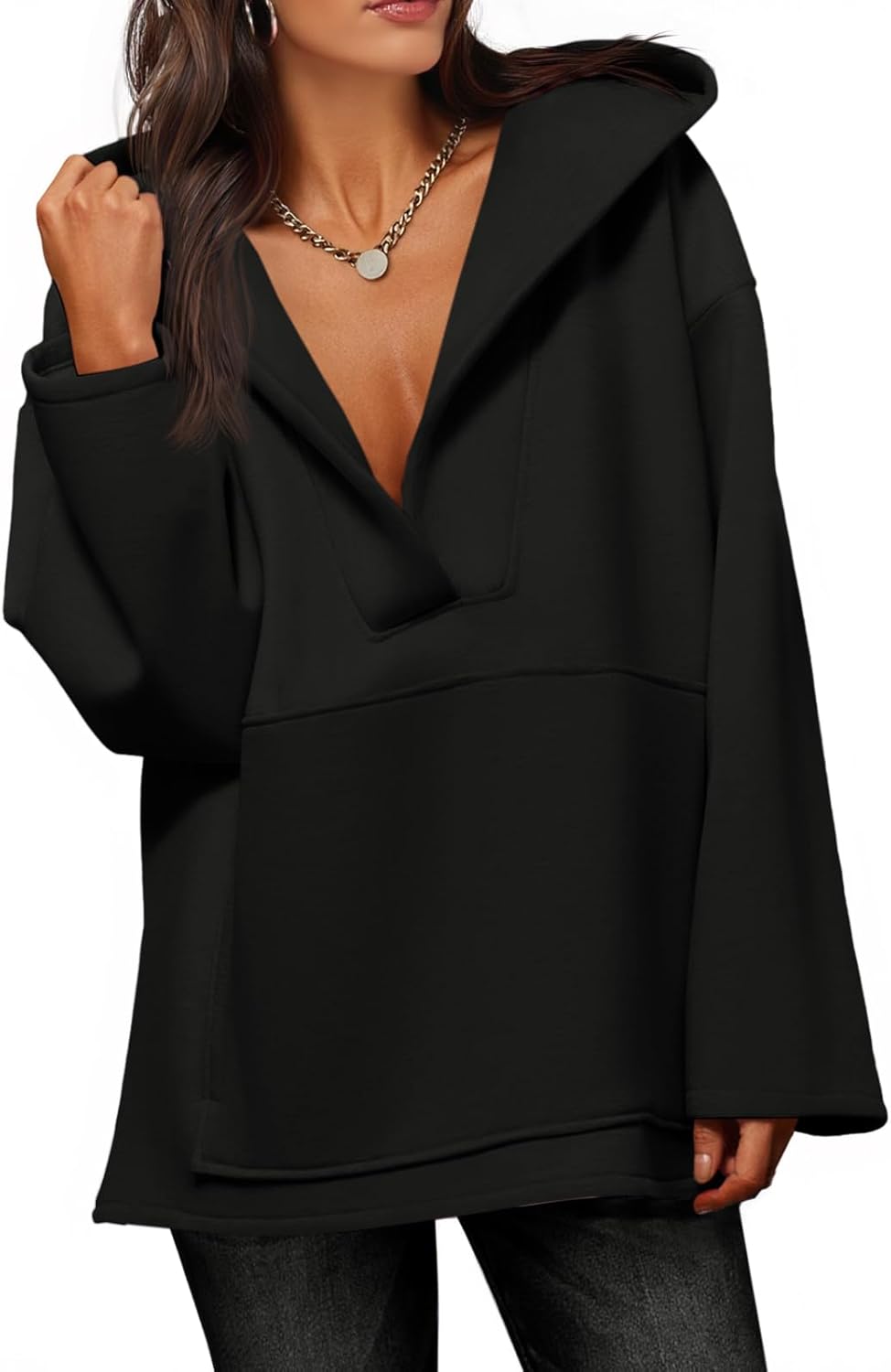 Fisoew Women's Hoodies Oversized Sweatshirts Casual Fleece V Neck Long Sleeve Hooded Loose Fall Winter Pullover Tops