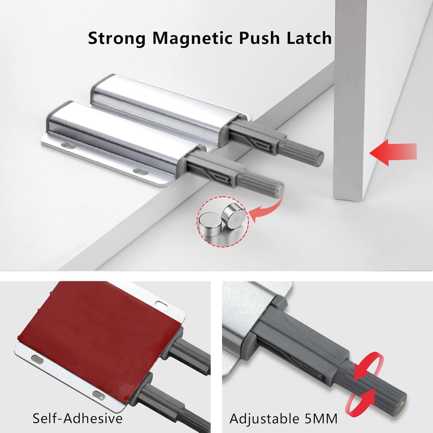 Double Push to Open Door Latch, 5 Pack Magnetic Push Latches, Adhesive Heavy Duty Touch Latch Hardware for Push to Open, Magnetic Catch for Cabinet Drawer Wardrobe Kitchen Door