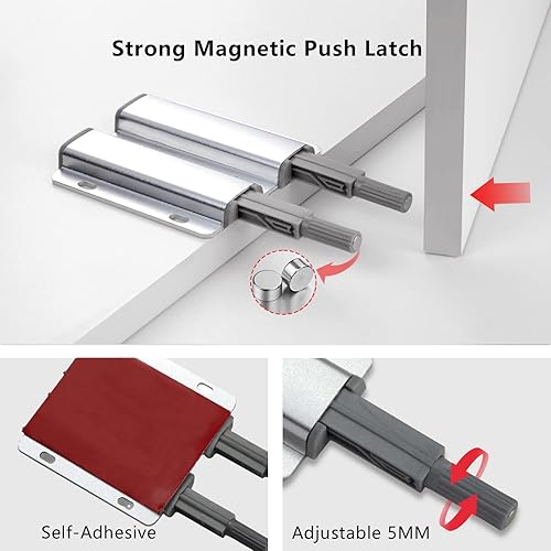 Miniatura 2 de Pestillo de puerta para abrir, paquete de 2 cierres magnéticos, adhesivo resistente al tacto para empujar para abrir, cierre magnético para puerta