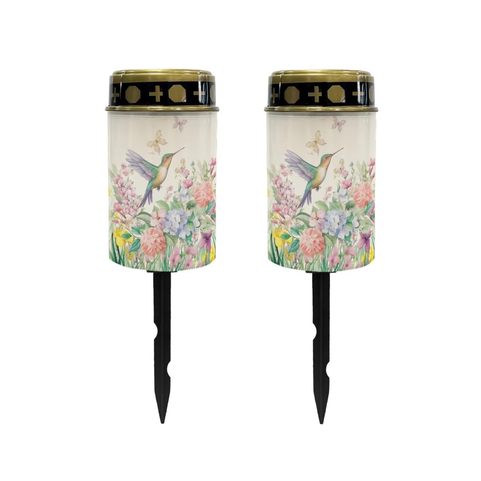 Poceacles Solar Lights Waterproof Solar Garden Lights Cemetery Solar Outdoor Lights Outdoor Stake Automatic Solar Lantern for Cemetery Grave Decoration, Hummingbird Flower Butterfly, Pack of 2