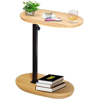 Side Table C Shape Height Adjustable Small Table Bamboo Wood and Metal Coffee Table Sofa Table Side Table Sofa Table Bed Table for Living Room Bathroom Bed Sofa and Coffee