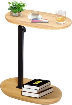 C Shaped Side Table Height Adjustable Sofa Table Over Bed Table Bamboo & Metal Under Sofa Table for Living Room Bathroom Couch Bedroom