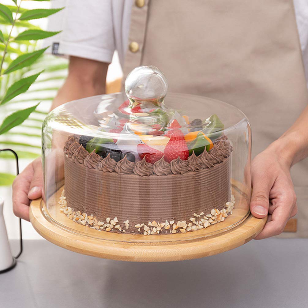 Hemoton Bamboo Cake Display Plate Glass Cover Dessert Snack Tray Housewarming Present Unique Design