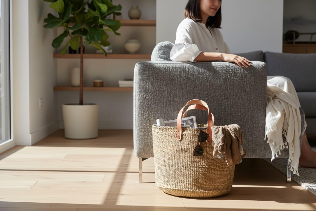 Mifuka Woven Kiondo Storage Basket, Fair Trade, with Leather Handles, 19" D x 10" H, Beach Bag image 2