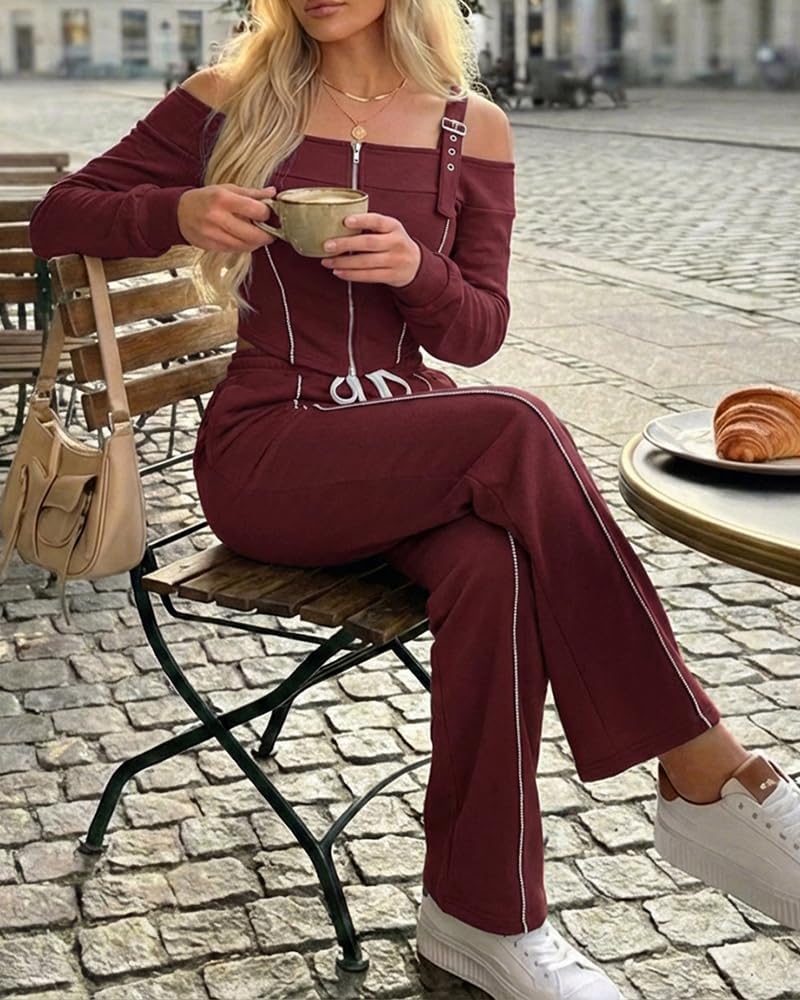 CHICME Two Pieces Sets for Women Spring Cold Shoulder Long Sleeve Tops Wide Leg Pants Matching Lounge Sets Airport Outfit - Image 4