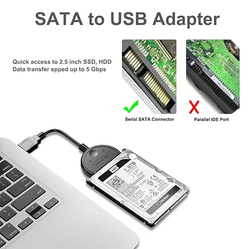 Miniatura 5 de DTech Cable adaptador SATA a USB 3.0 para disco duro SSD HDD de 2.5 pulgadas a computadora PC portátil 5Gbps Superspeed compatible con conector SATA