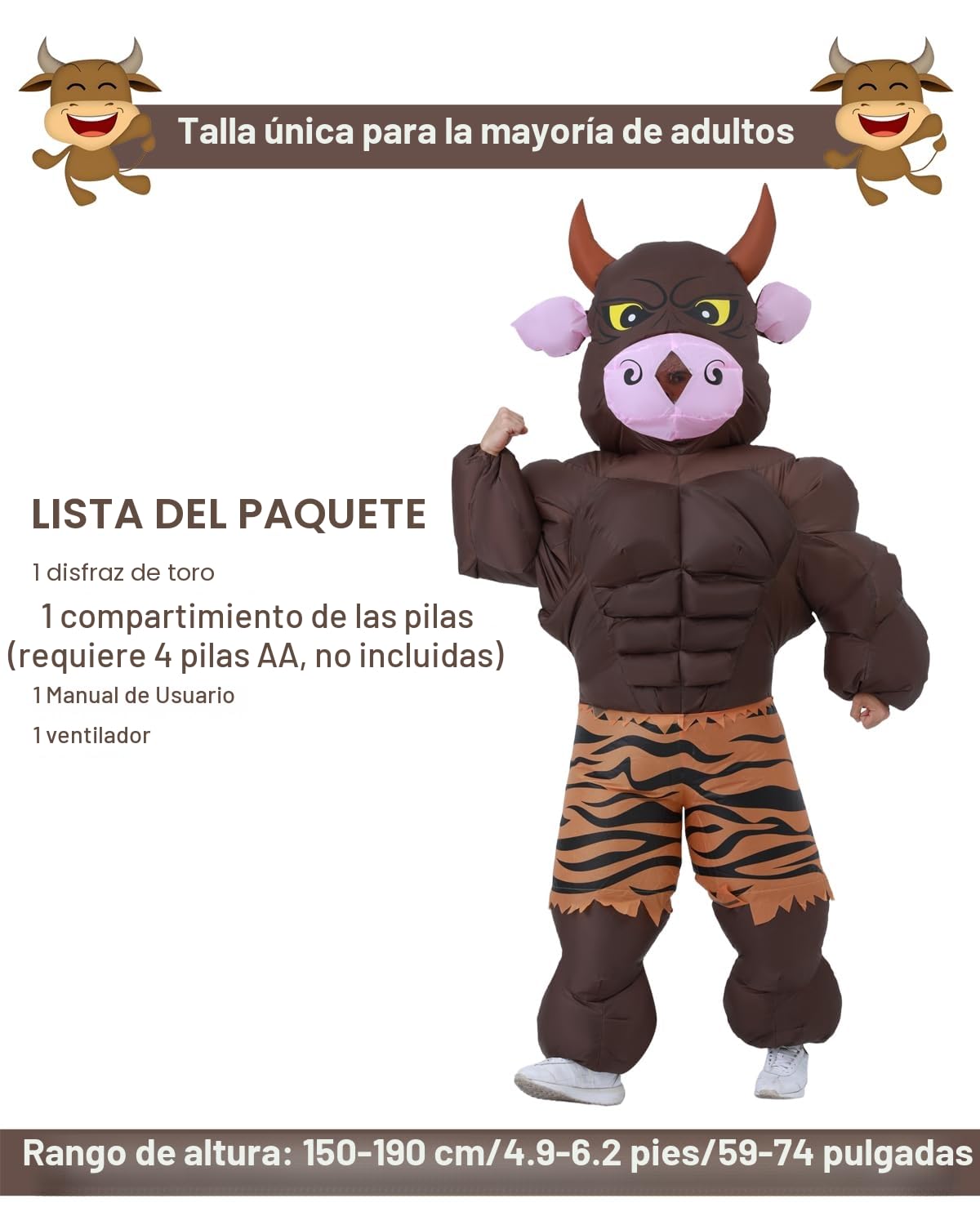 FXICH Disfraz de Vaca Hinchable para Adulto, Toro para Halloween, Juegos de Rol, Fiestas, Carnaval - para 150-190cm